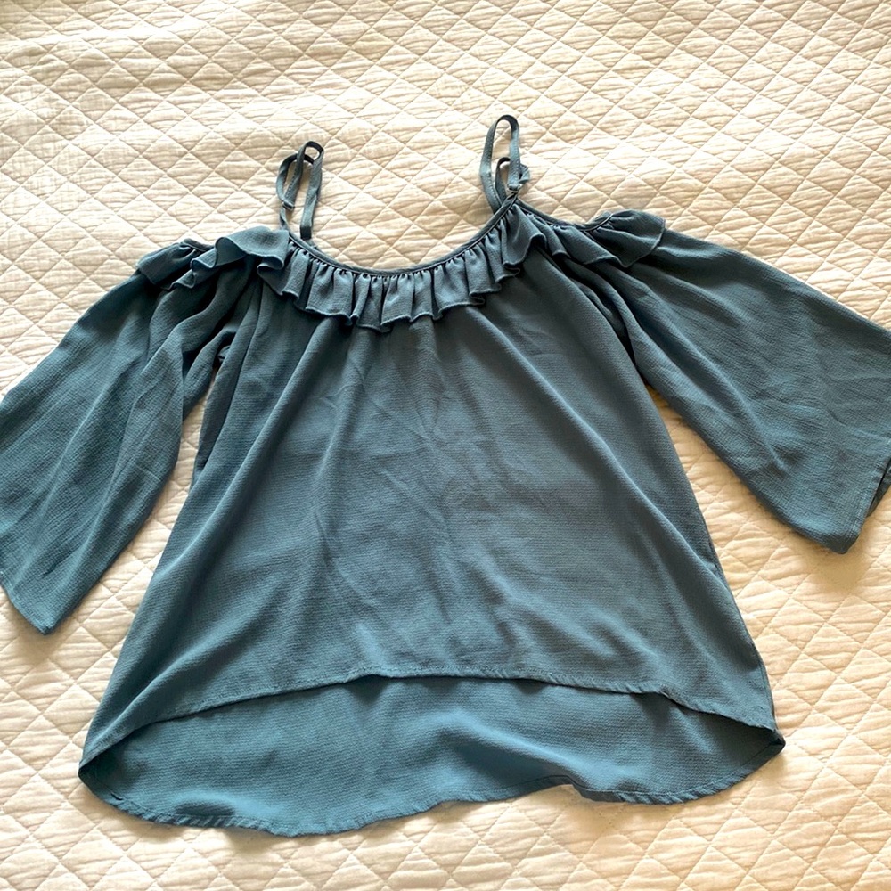 Teal open shoulder top